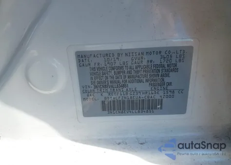 2020 Nissan Versa Sv Xtronic Cvt from USA, damaged, VIN 3N1CN8EV4LL834851
